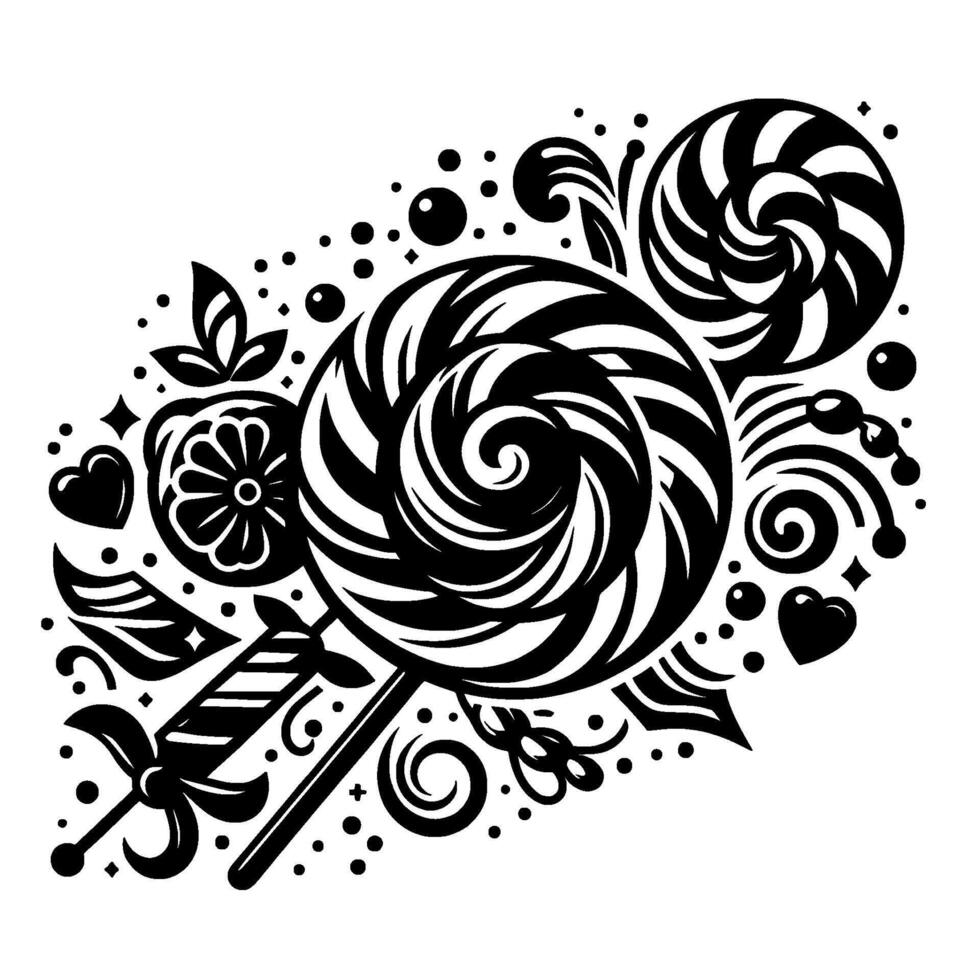 Intricate Black and White Lollipop and Sweet Motif, with Detailed Swirls, Hearts, and Floral Elements on White. vector