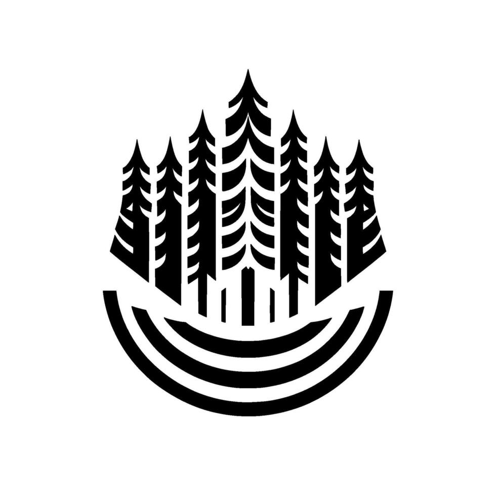 Minimalist Monochrome Logo Silhouette of a Forest Grove atop Curved Lines, Symbolizing Nature, Growth, and Tranquility. vector