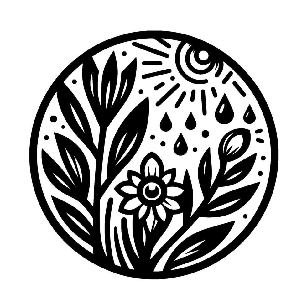 Circular Black and White Illustration of a Floral Garden Scene with Sunlight, Rain, and Botanical Elements. vector