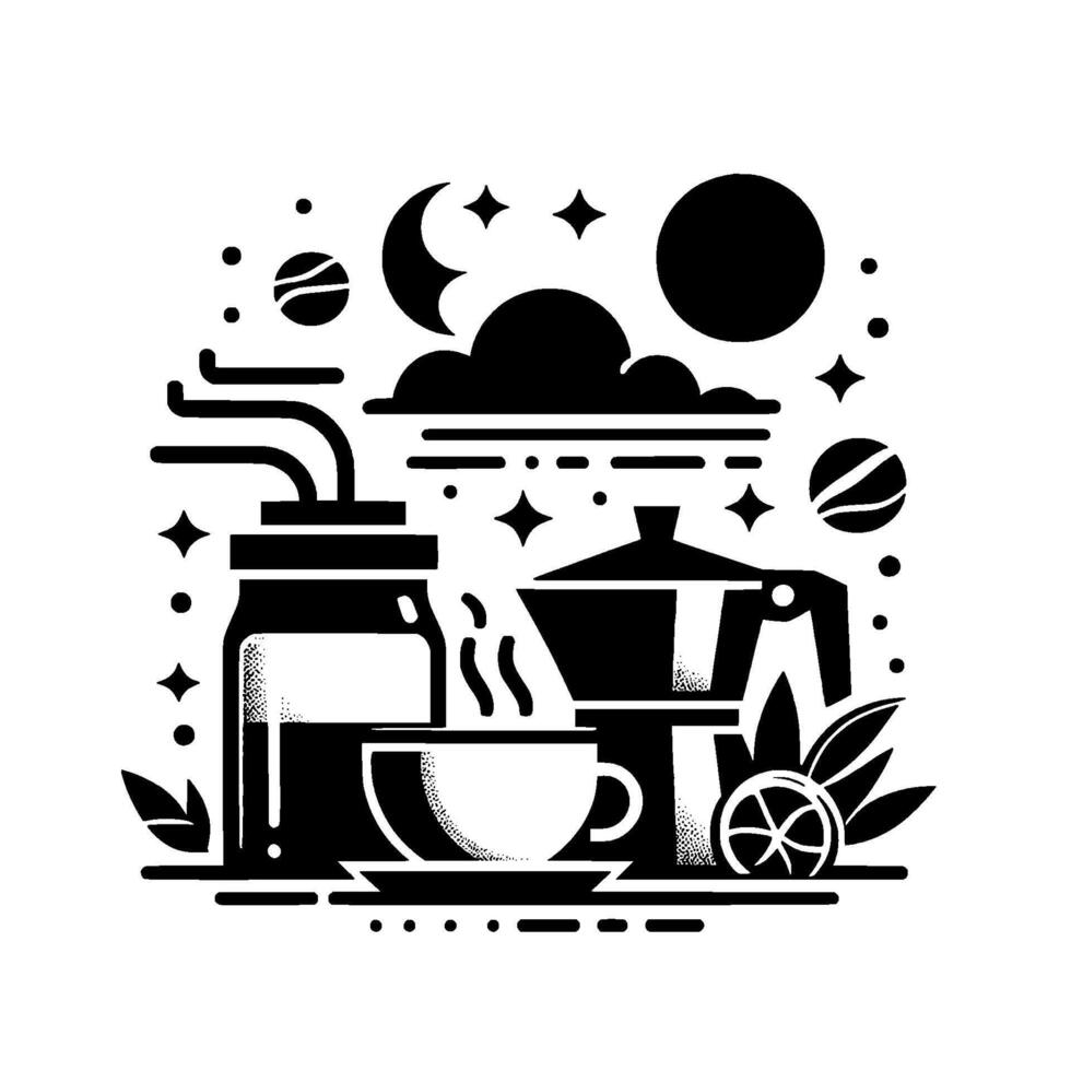 Black and White Coffee Ritual Jar, Cup, Moka Pot, Lunar Setting, Stars, Citrus, and Leaf Illustration. vector