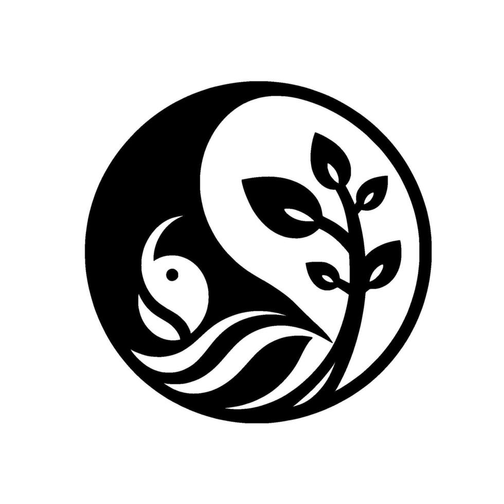 Yin Yang with a Bird and Branch Harmony, Black White Symbol of Balance and Nature vector