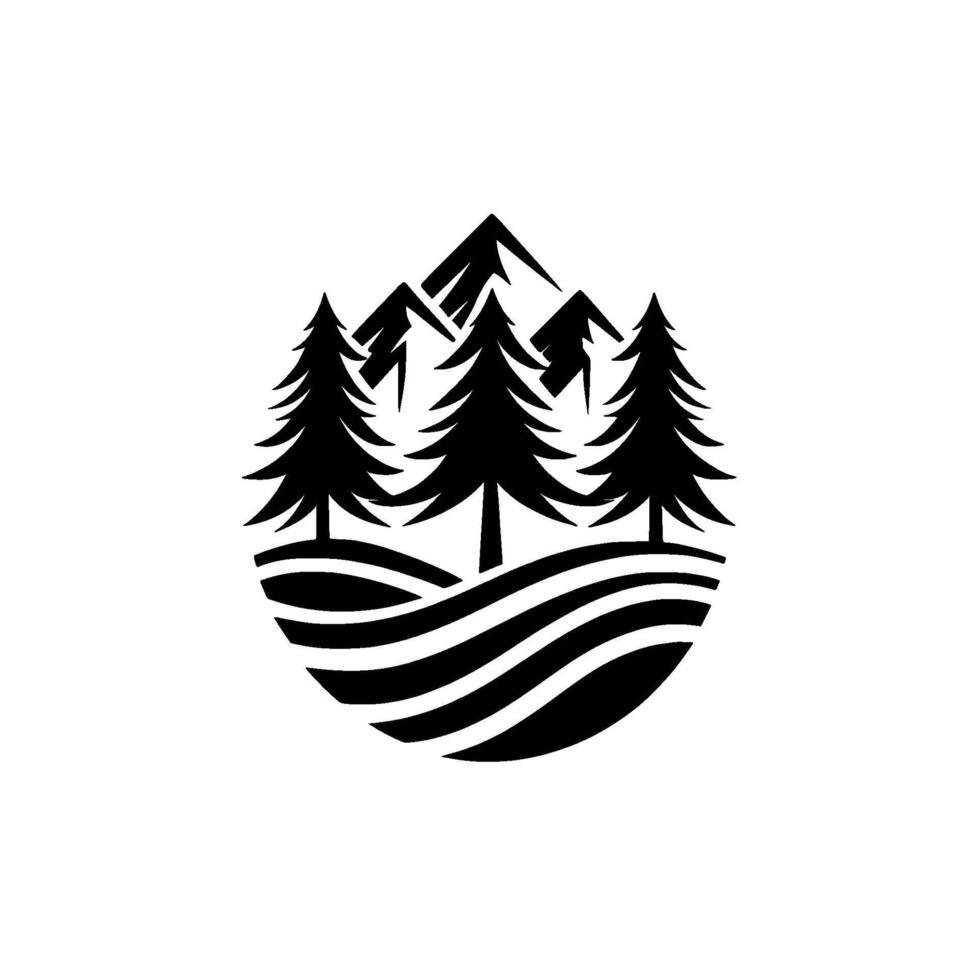 Minimalist black and white nature scene of three pine trees, mountains and a layered landscape, enclosed within an oval. vector