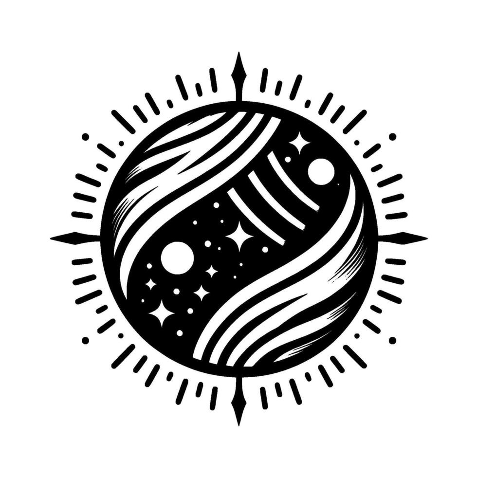Abstract Celestial YinYang Black and white cosmos illustration with stars, planets, swirling lines, and a compasslike outer border. vector