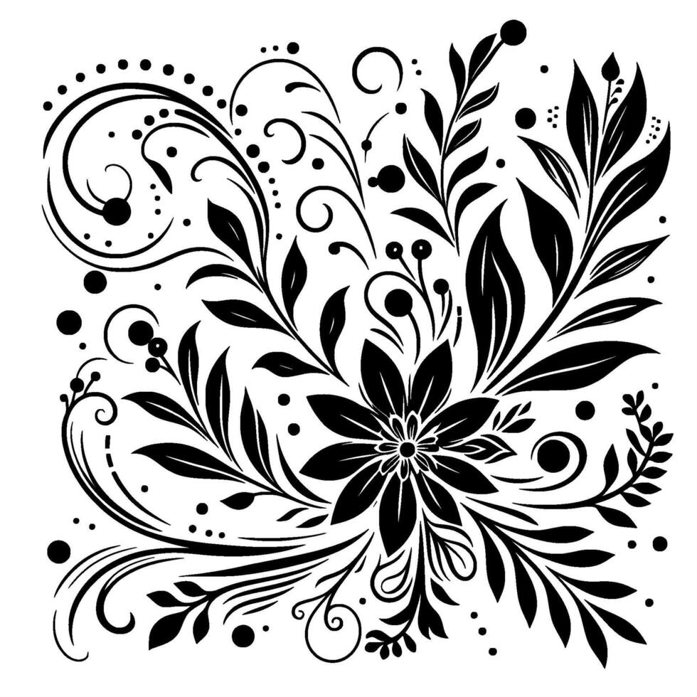 Intricate Black and White Floral Illustration with Detailed Leaves, Berries, Spirals, and Dot Accents, Centered on White. vector
