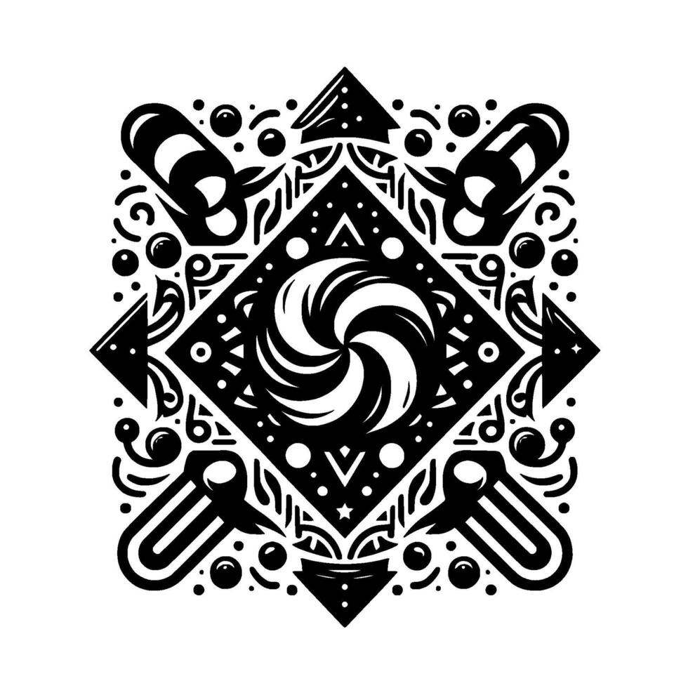 Symmetrical Geometric Mandala in Black and White, Featuring Swirling Center, Decorative Elements, and Angular Shapes vector