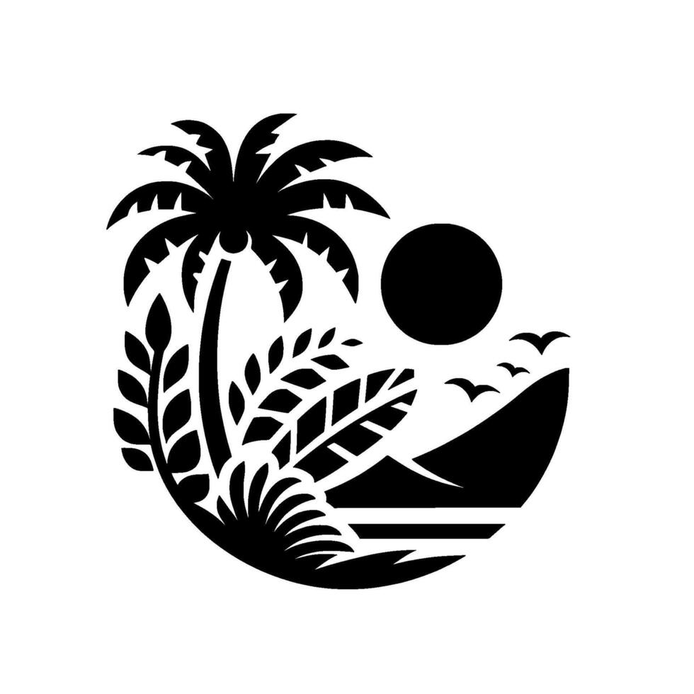 Black White Tropical Scene Palm, Sun, Birds, and Foliage in a Circular Silhouette vector