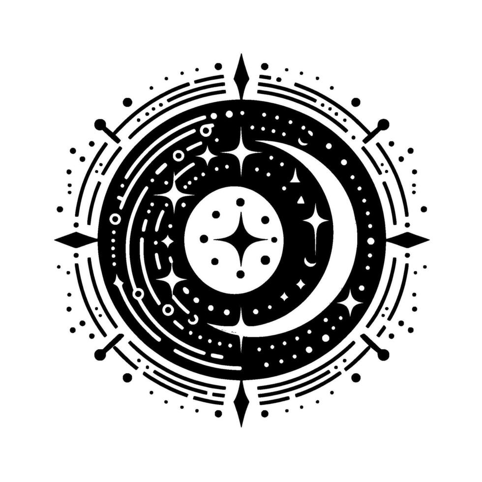 Circular Celestial Emblem Crescent Moon, Stars, and Geometric Accents in Black and White vector