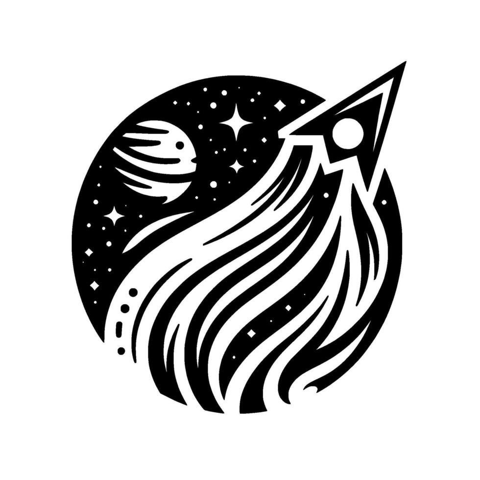Black White Illustration of a Rocket Launching into Space within a Circular Frame Featuring a Stylized Planet, Stars, and a Cometary Trail. vector