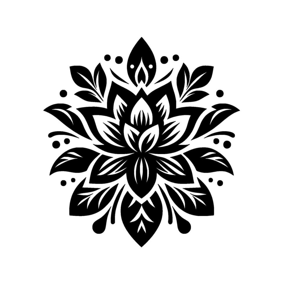 Elegant Black and White Floral Mandala with Symmetrical Leafy Design, Dot Embellishments, and Petal Symmetry on a White Background. vector