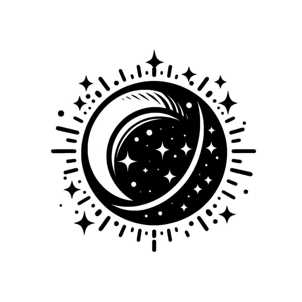 Black and White Celestial Logo Crescent Moon, Starry Night, Surrounded by Starbursts, Abstract Design. vector