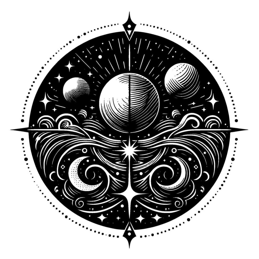Intricate Black and White Celestial Mandala Moons, Stars, Swirling Cosmic Design, Celestial Navigation Symbol within a Circle. vector