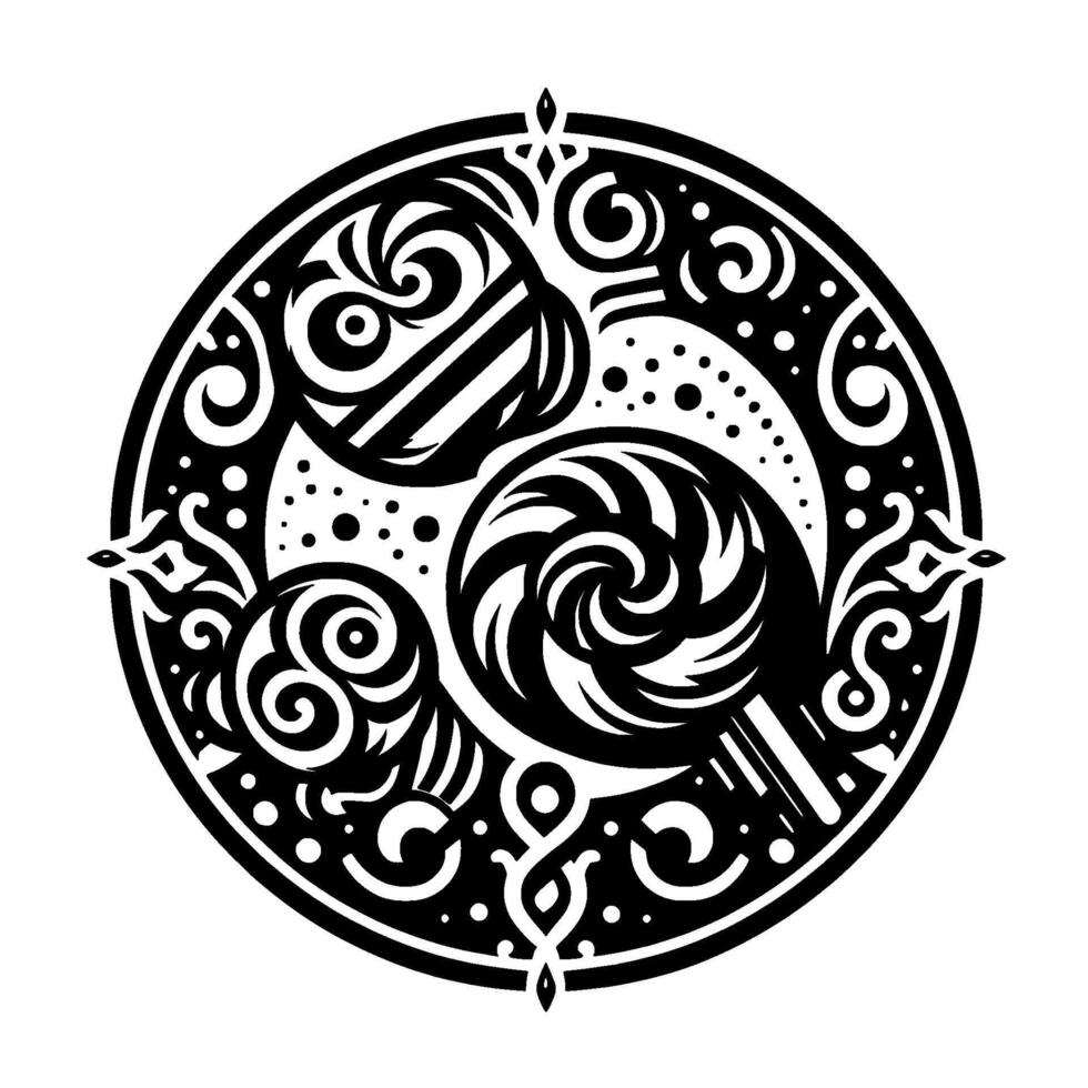 Intricate Black and White Circular Ornament with Abstract Swirls, Dots, and Detailed Florallike Elements vector