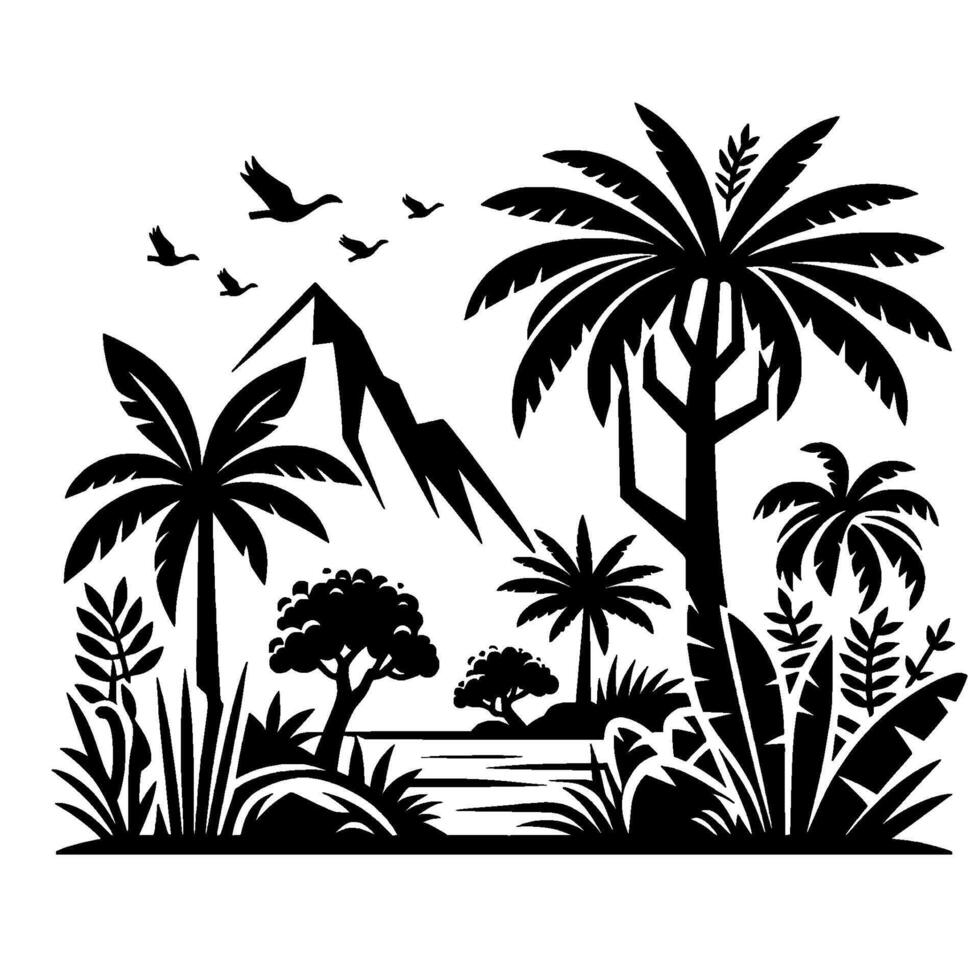 Black and white tropical landscape featuring palm trees, mountain silhouette, birds flying, dense foliage, and a minimalist, illustrative style. vector