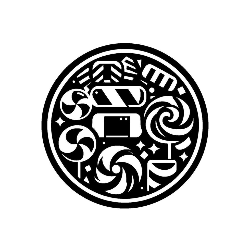 Intricate Black and White Circle Design An Art Deco Inspired Composition of Lollipops, Candies, and Sweet Treats with Geometric Shapes. vector