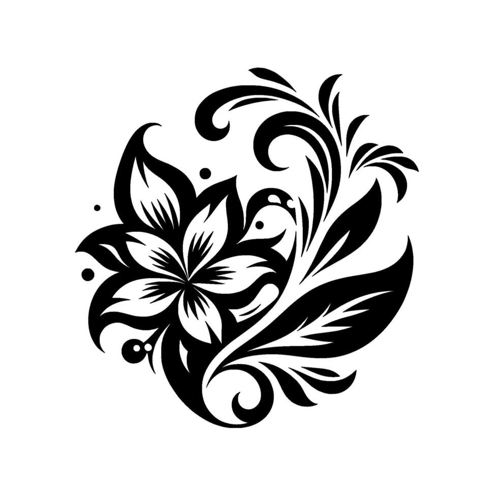 Ornate Black and White Floral Design A Symmetrical Arrangement of Stylized Petals, Leaves, and Swirls, on a Blank Canvas. vector