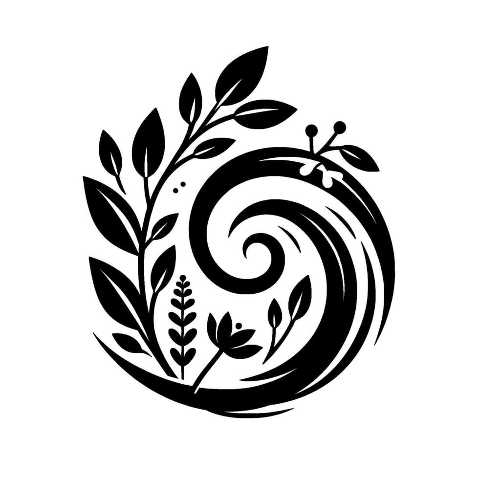 Black and white circular emblem featuring stylized leaves, florals, and a wave design, suggestive of nature and organic elements, minimalist and elegant. vector