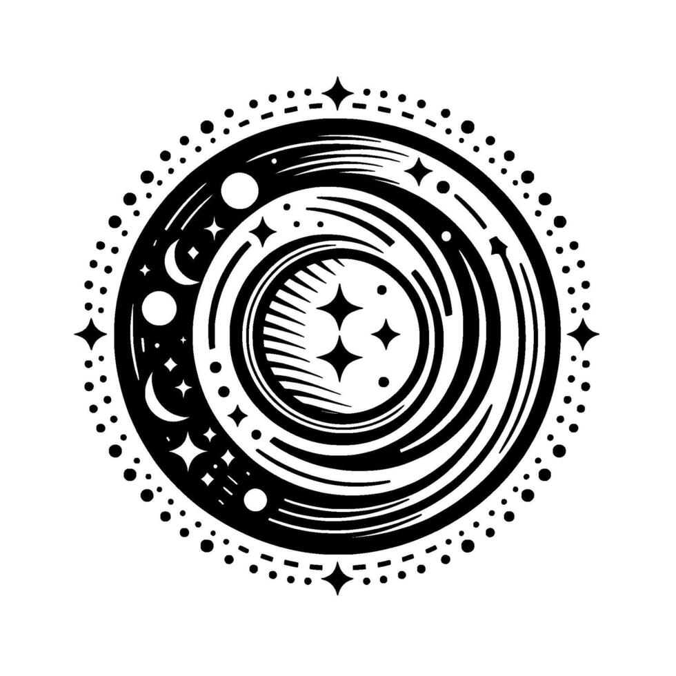 Celestial Mandala Abstract Monochrome Illustration Featuring Moons, Stars, and Orbits in a Circular Pattern. vector