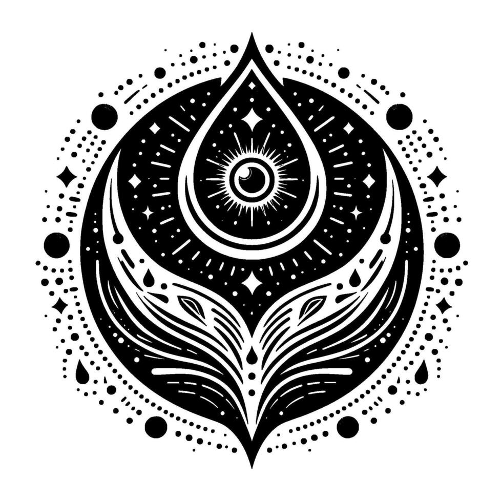 Intricate black and white celestial illustration featuring a central eye within a teardrop shape, adorned with stars and circular elements. vector