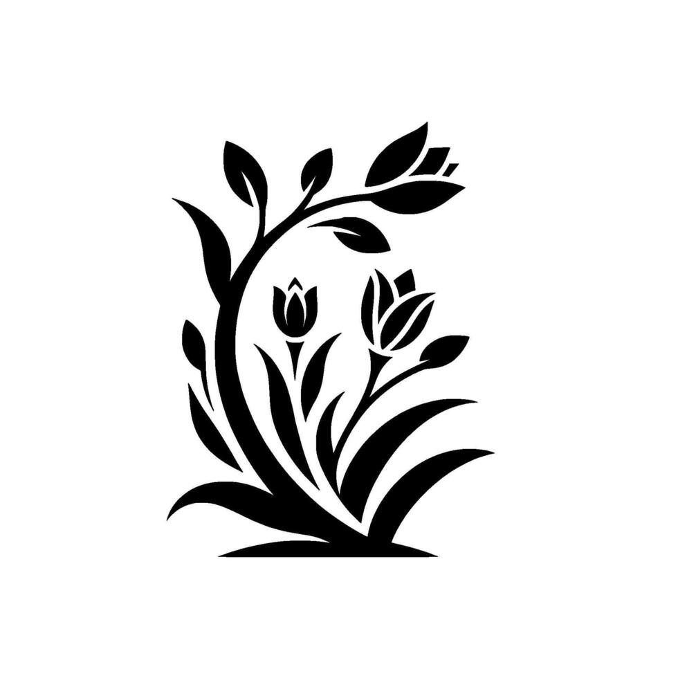 Elegant Black and White Floral Design A stylized cluster of stylized tulips, leaves, and stems, rendered in a minimalist monochrome style. vector