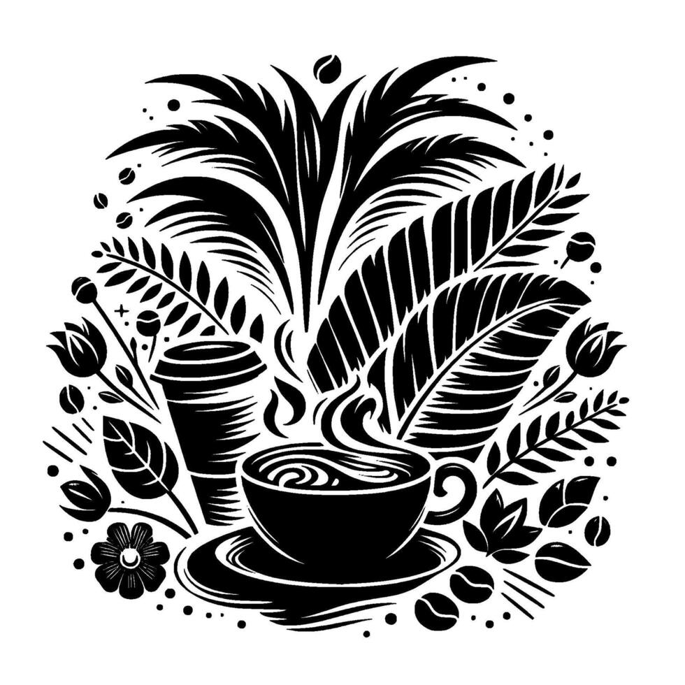 Black and white coffeethemed botanical illustration featuring a steaming cup, a togo cup, coffee beans, and tropical leaves. vector