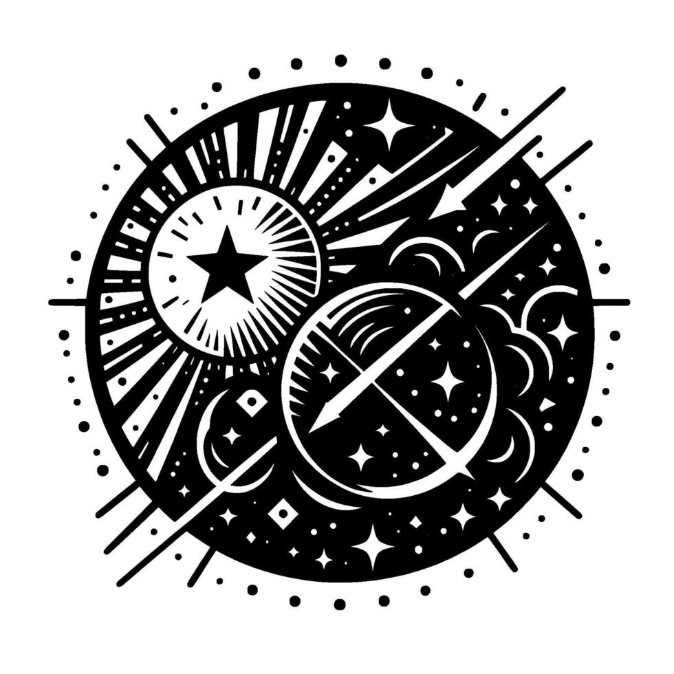 Black and White Celestial Mandala Featuring Starburst, Star, Arrows, Moons, and Starfield vector