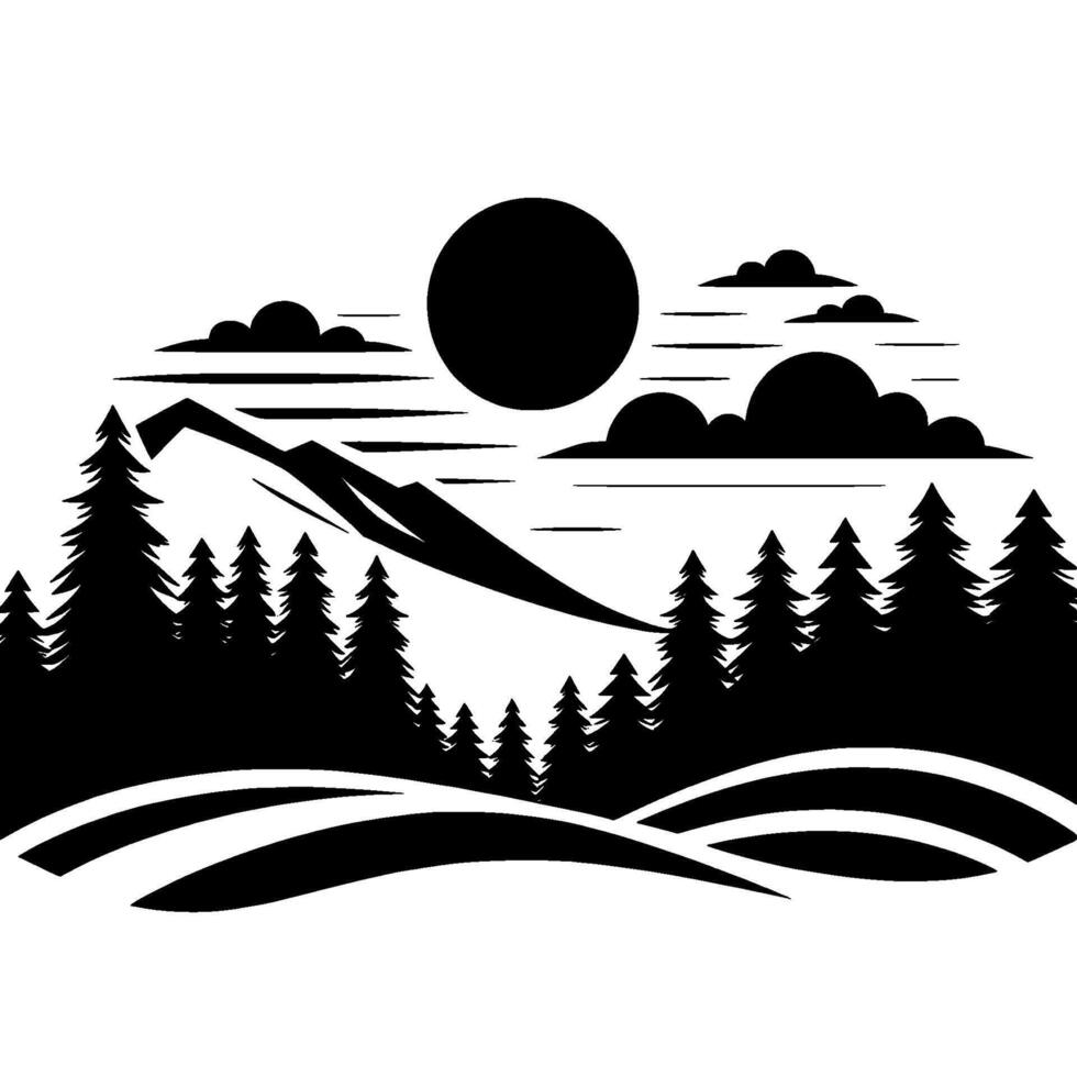 Bold Black and White Scenic Landscape Mountain Silhouette, Forest Outline, Sun, Clouds, and Hills in Monochrome. vector