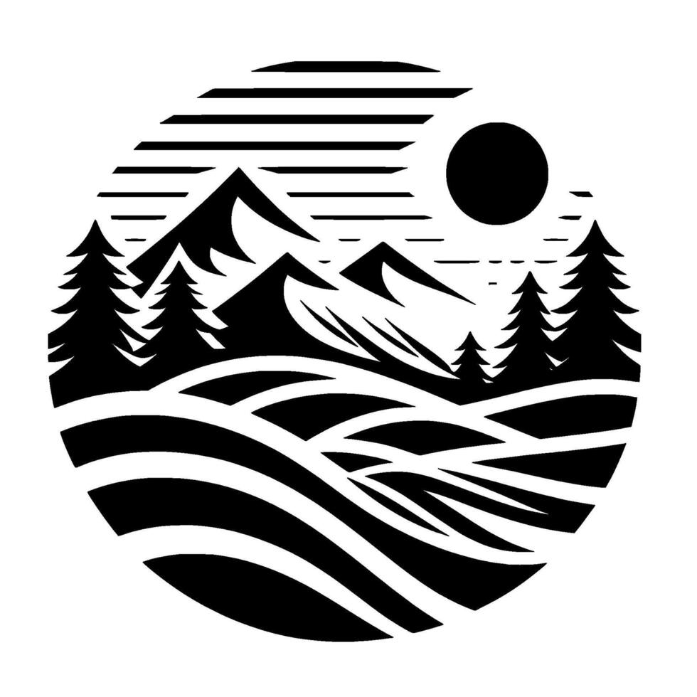 Minimalist Black White Circular Landscape Mountains, Trees, Sun, and Horizon Lines in a Natural, Scenic Design. vector