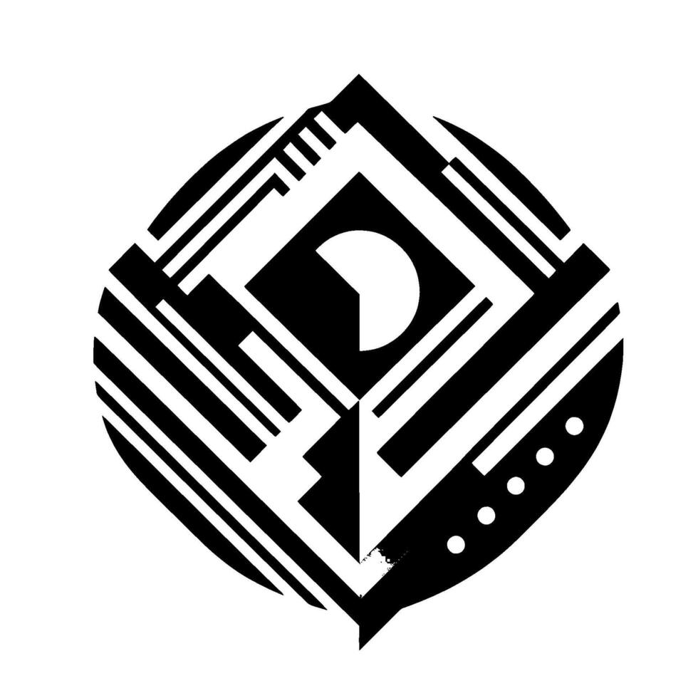 Geometric Abstraction A symmetrical black and white composition of shapes, lines, and gradients within a stylized, pointed oval. vector