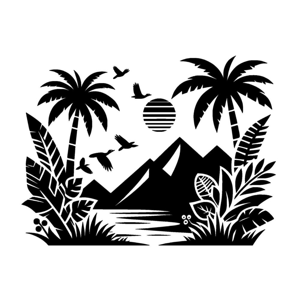 Black and white silhouette of a tropical landscape with palm trees, birds, mountains, a striped sun and lush foliage. vector