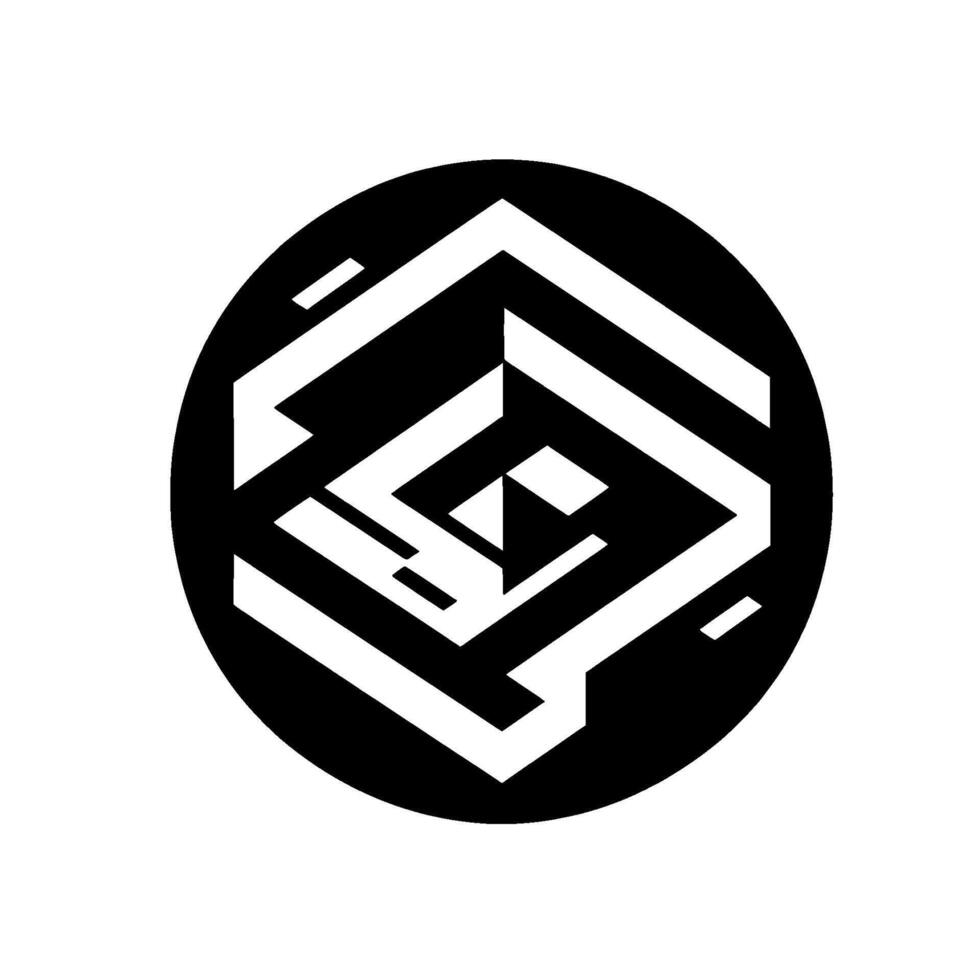A monochrome geometric featuring white, angled lines forming an abstract, enclosed shape within a black circular background, evoking a modern aesthetic. vector