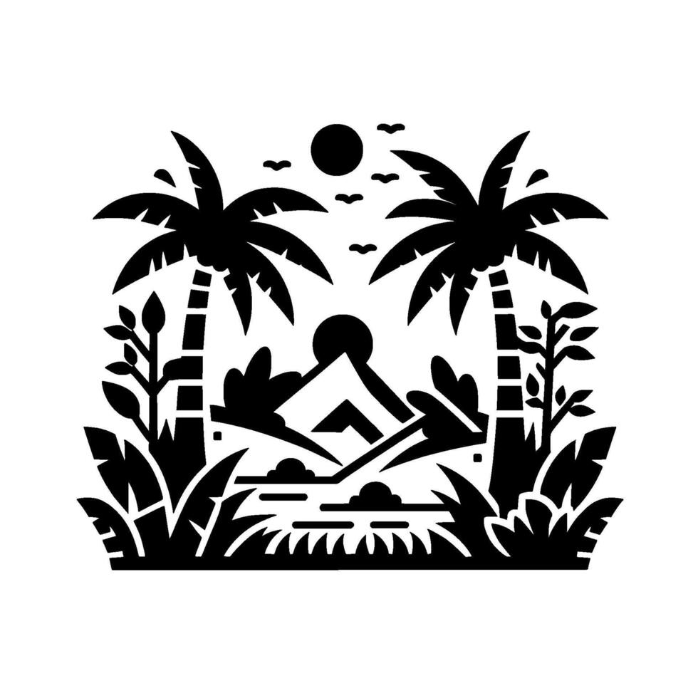 Silhouette Island Scene Two Palm Trees Frame Mountains, Sun, Birds, and Lush Tropical Foliage. vector