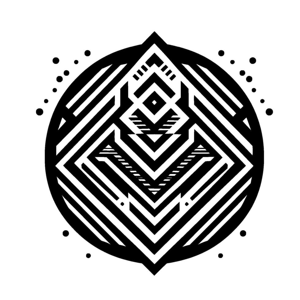 Geometric Black White Design Symmetrical Mandalalike Composition of Lines, Shapes, and Dot Accents on White Background vector