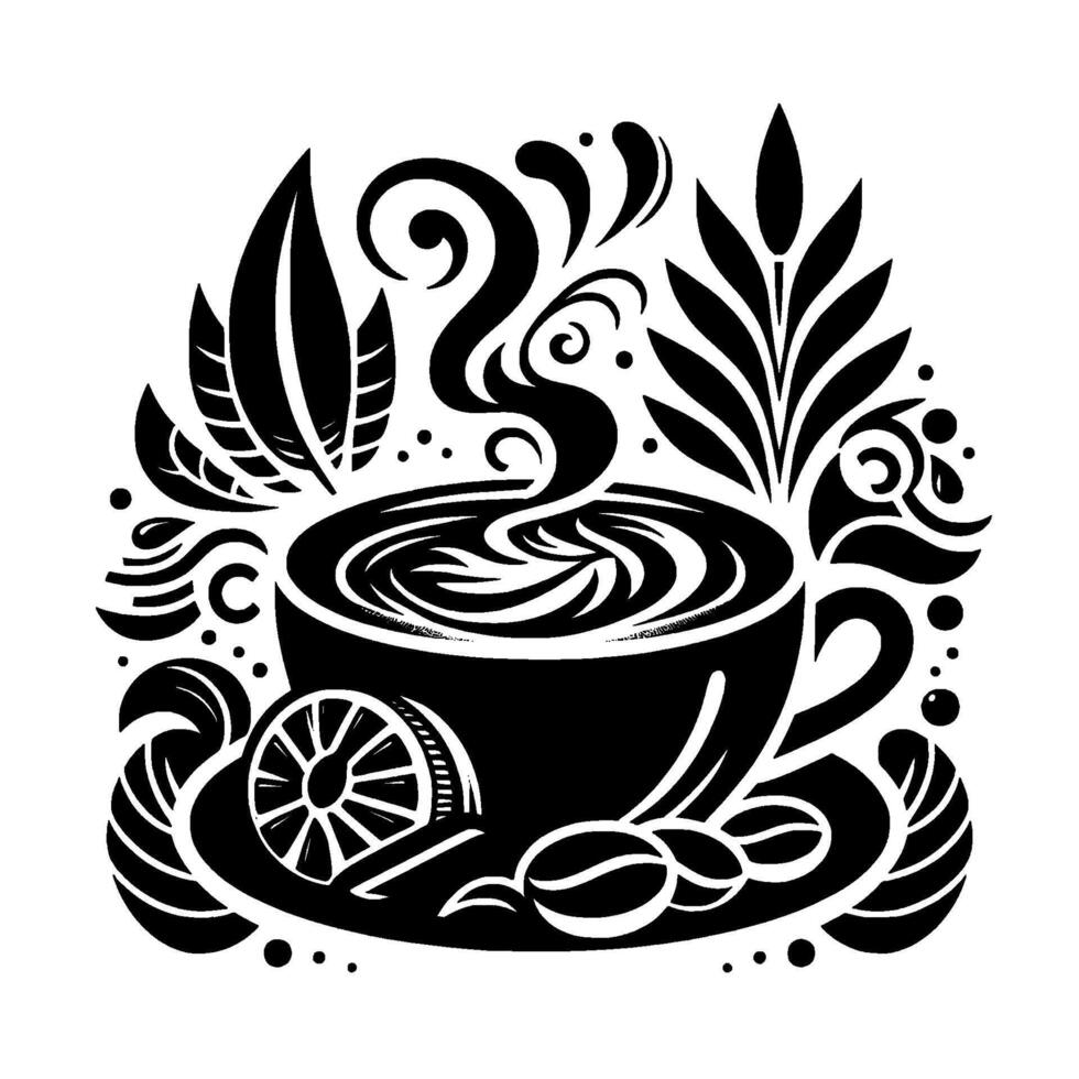 Stylized Black White Coffee Cup Illustration with Steam, Lemon, and Coffee Beans, Surrounded by Decorative Floral and Abstract Elements. vector