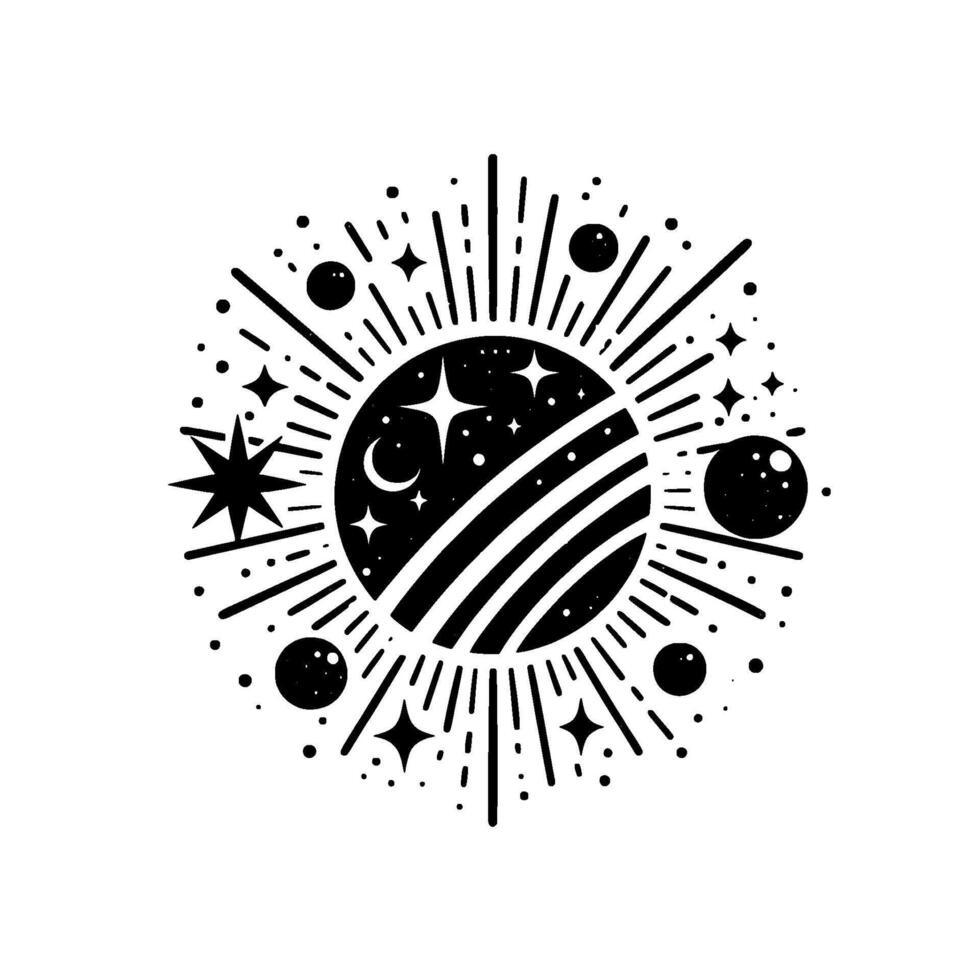 Black and White Celestial Illustration A Detailed of a Planetary System with Stars, Moons, and Radiant Energy. vector