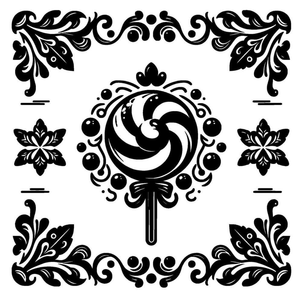 Intricate Black and White Lollipop with Ornamental Border and Decorative Flourishes, Symbolic of Sweetness vector