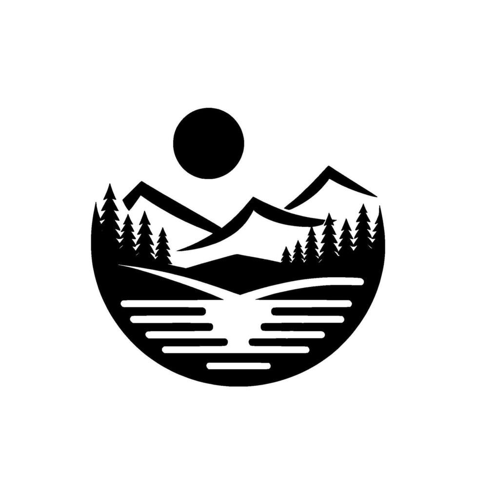 Black and white circular landscape emblem featuring stylized mountains, evergreen trees, lake, and sun. Minimalist nature logo. vector