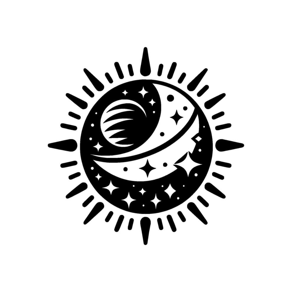 A stylized, symmetrical black and white celestial artwork featuring a sunburst border encircling a moon and starfilled design. vector
