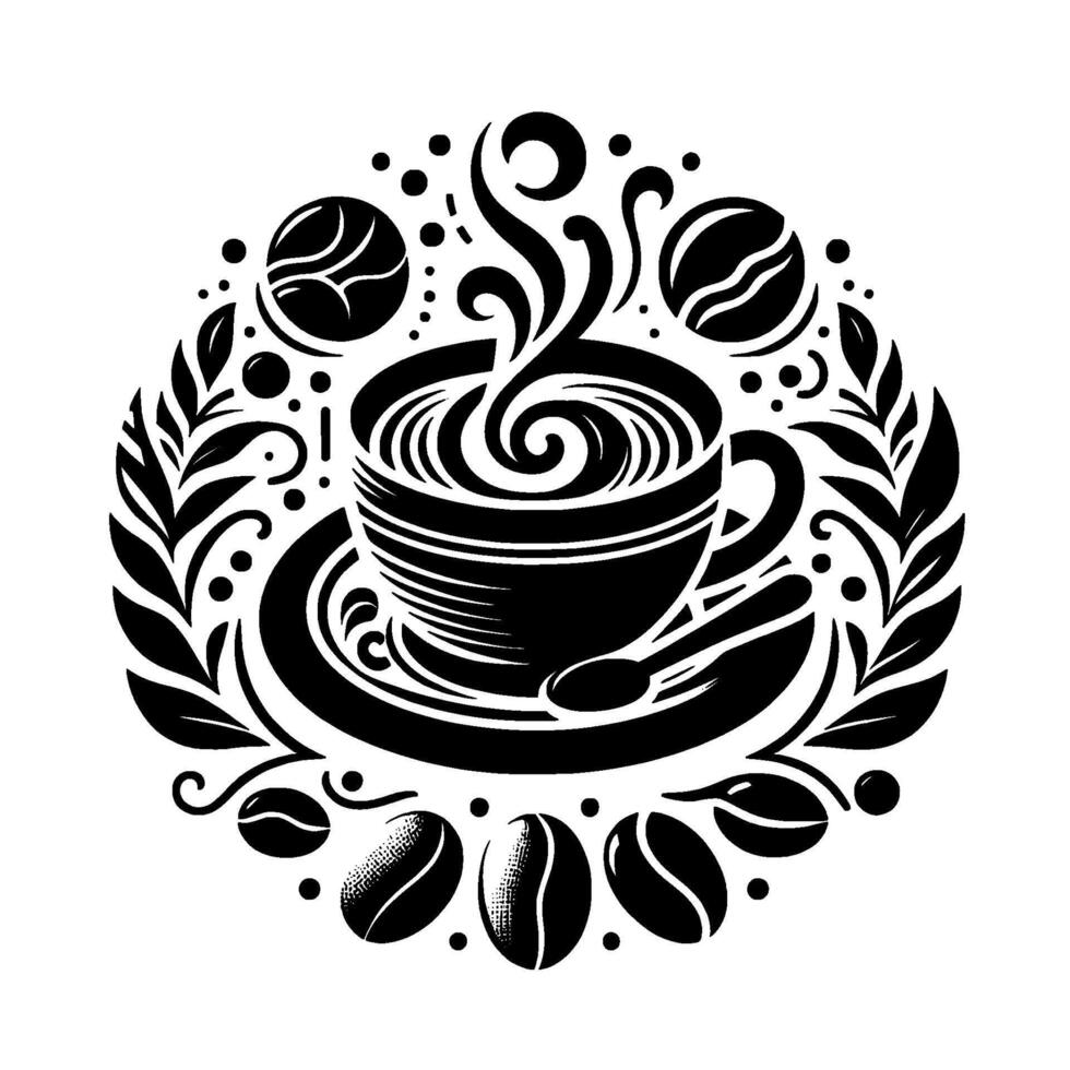 A stylized, symmetrical black and white illustration featuring a steaming coffee cup, coffee beans, and a floral wreath, evoking warmth and a caffeine ritual. vector