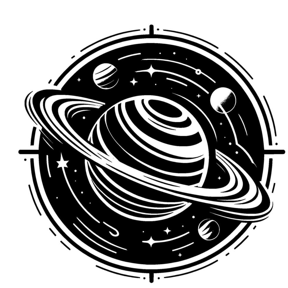 Black white cosmic illustration of a planet with rings, surrounded by stylized planets, stars, and orbiting lines within a circular frame. vector