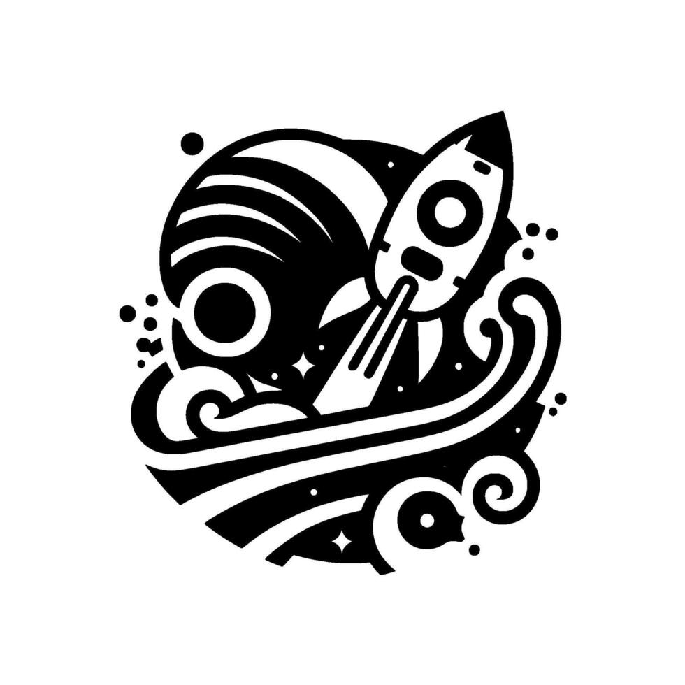 Artistic Black and White Illustration of a Rocket Launching from a Planetary Body Surrounded by Cosmic Elements and Swirling Shapes. vector