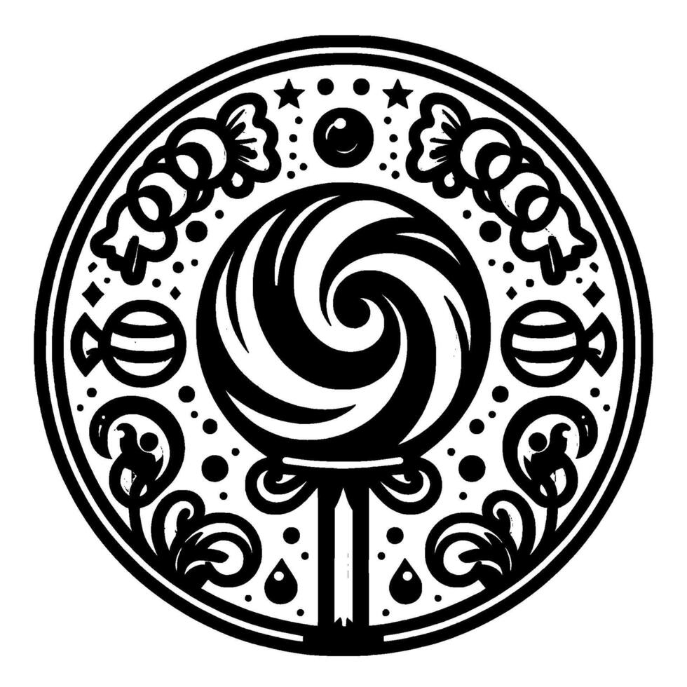 Circular black white illustration of a lollipop surrounded by candies, stars, and floral elements, creating a whimsical, decorative design. vector