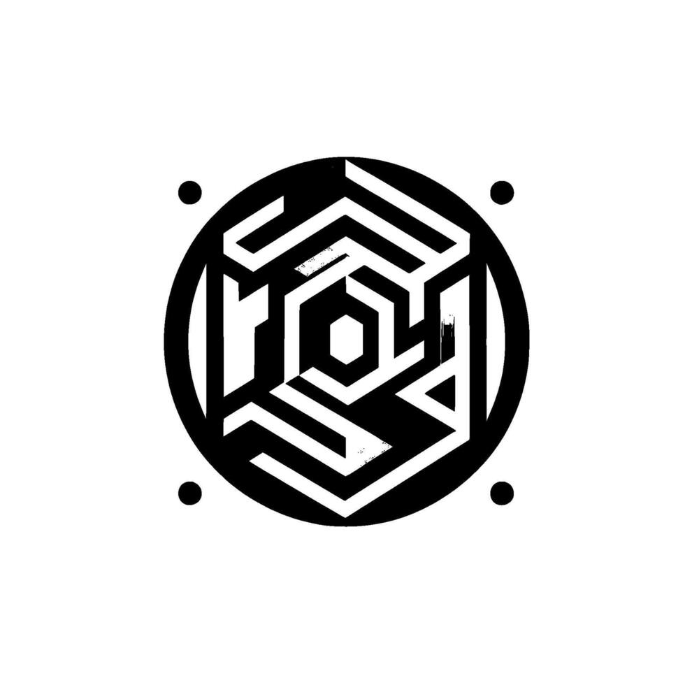 Geometric Black and White Hexagonal Labyrinth Within a Circle, Adorned by Four Dots on White Background vector