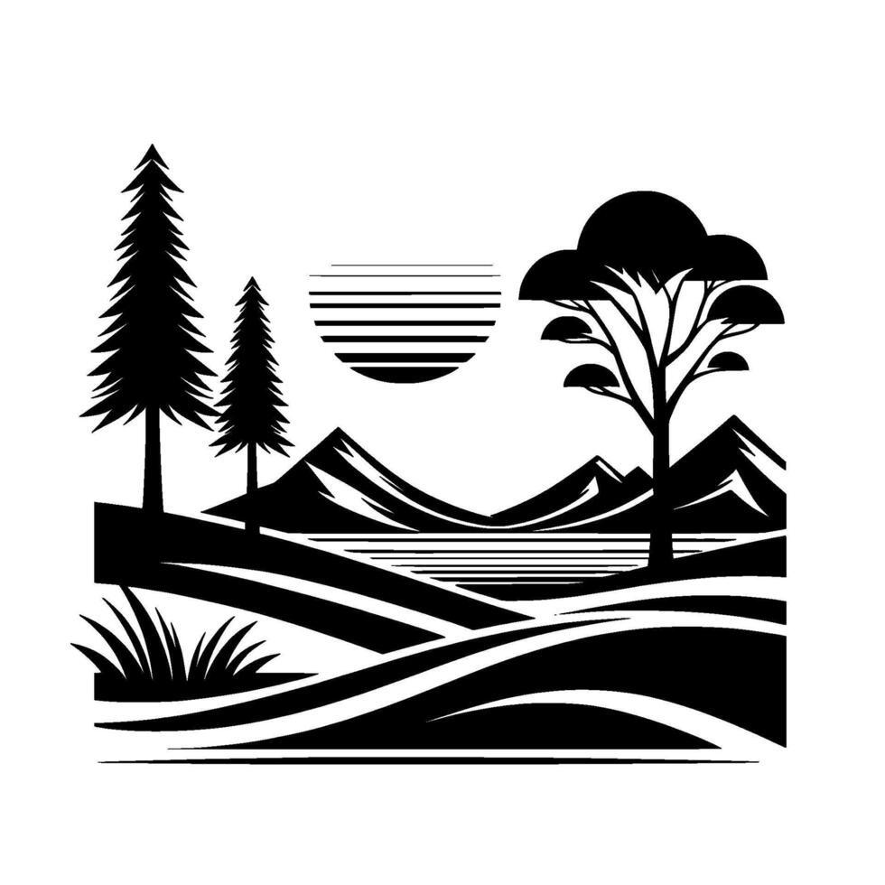 Minimalist Black and White Landscape Silhouette featuring Pines, Mountains, Striped Sun, an Artistic Tree, set against a white backdrop. vector