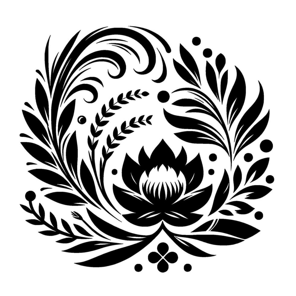 Symmetrical Black and White Floral Mandala A Detailed Depiction of a Lotus at the Center, Surrounded by Flourishes, Leafy Branches and Dots. vector