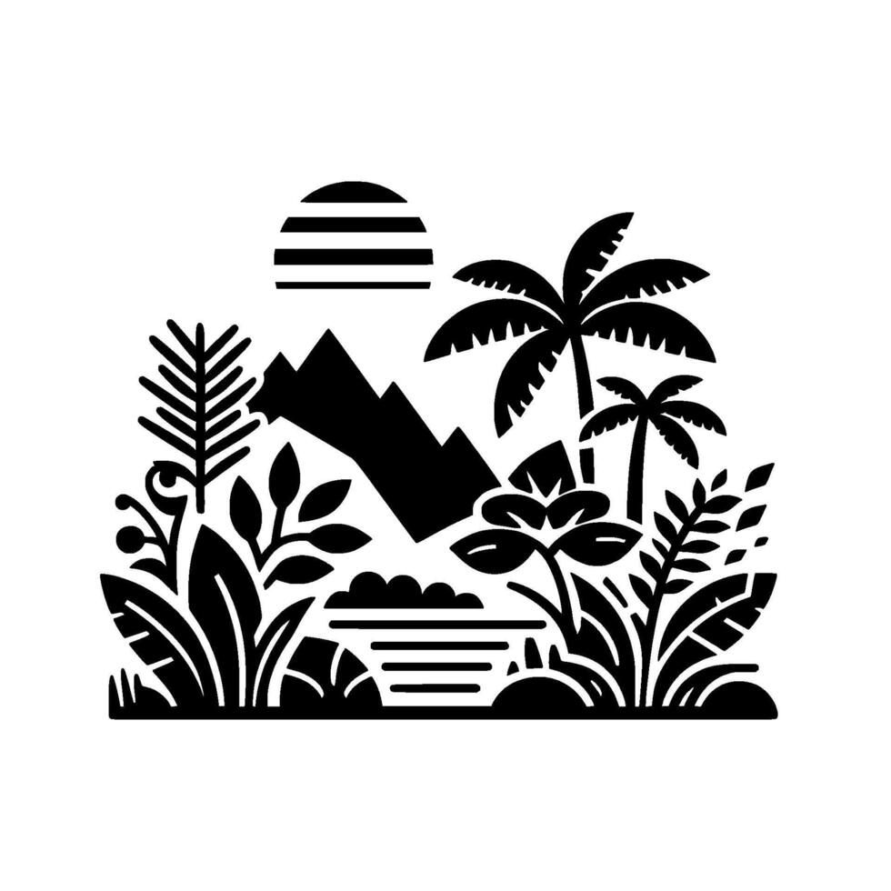Stylized black and white tropical landscape illustration featuring mountains, a striped sun, palm trees, and diverse foliage. vector