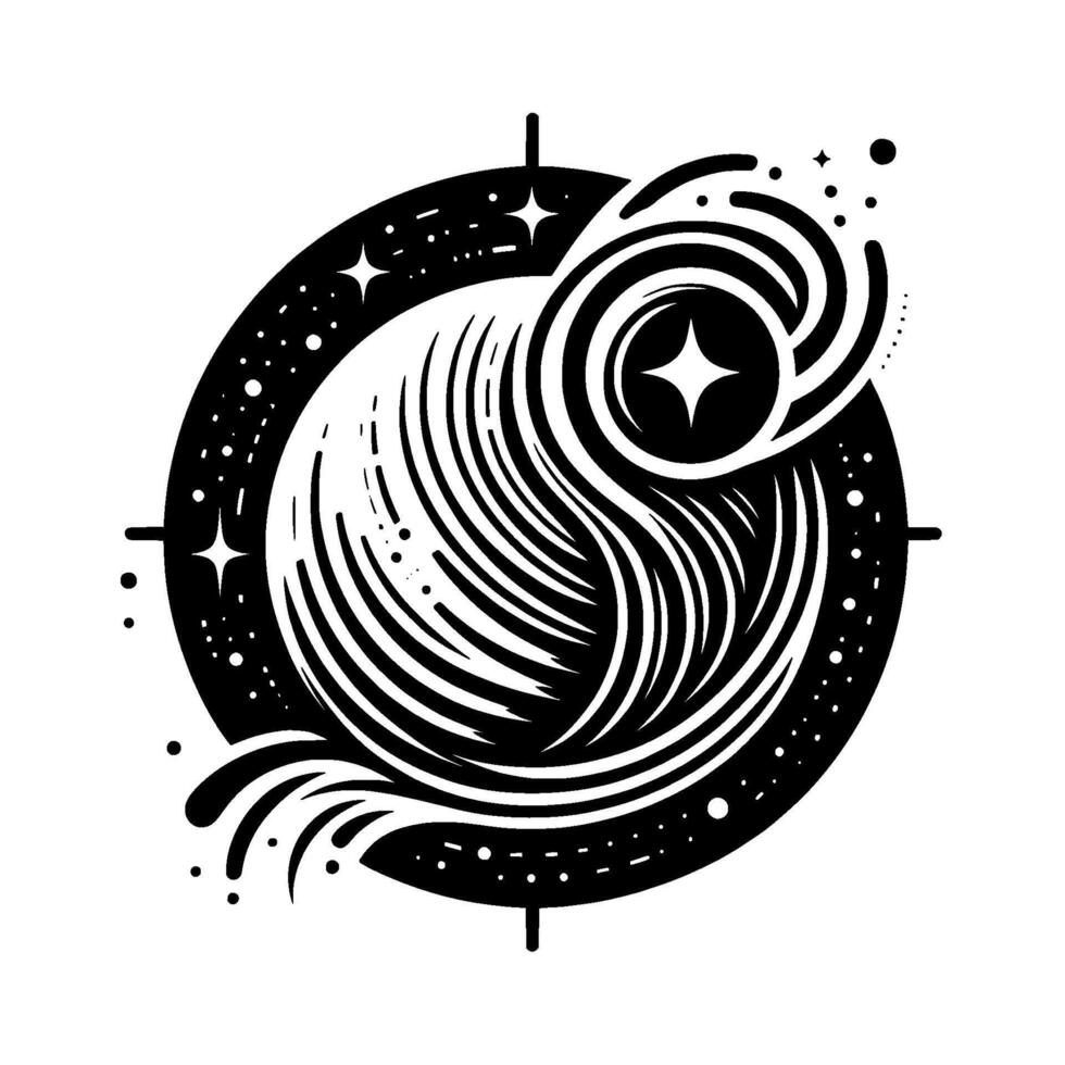 Abstract Celestial Illustration A Black and White Featuring a Starburst Core Within a Swirling Galaxy, Surrounded by a Circular Frame. vector