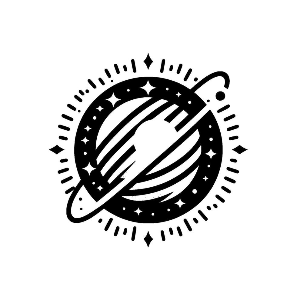 Minimalist Black and White Illustration of a Celestial Body with Orbit, Stars, and Radial Burst Elements vector