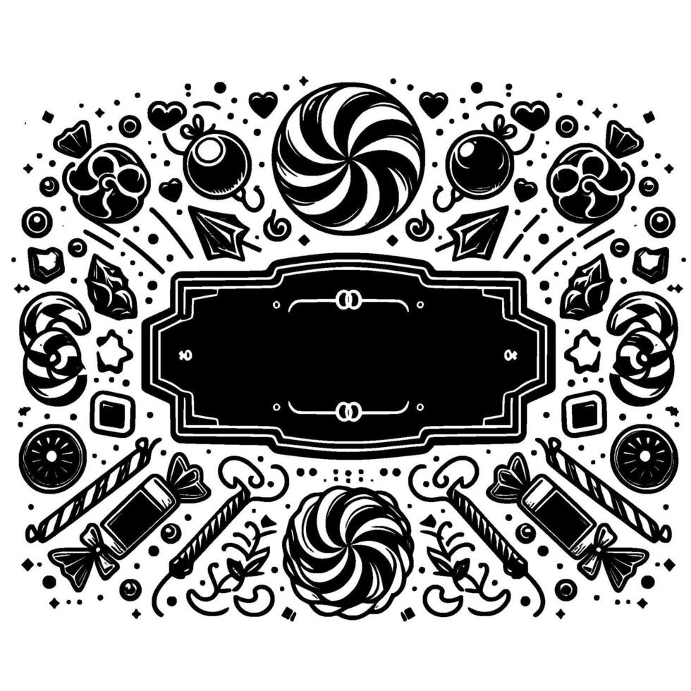 Black and White Candy Frame Ornate with Sweets, Dots, Hearts, and a Blank Label. vector