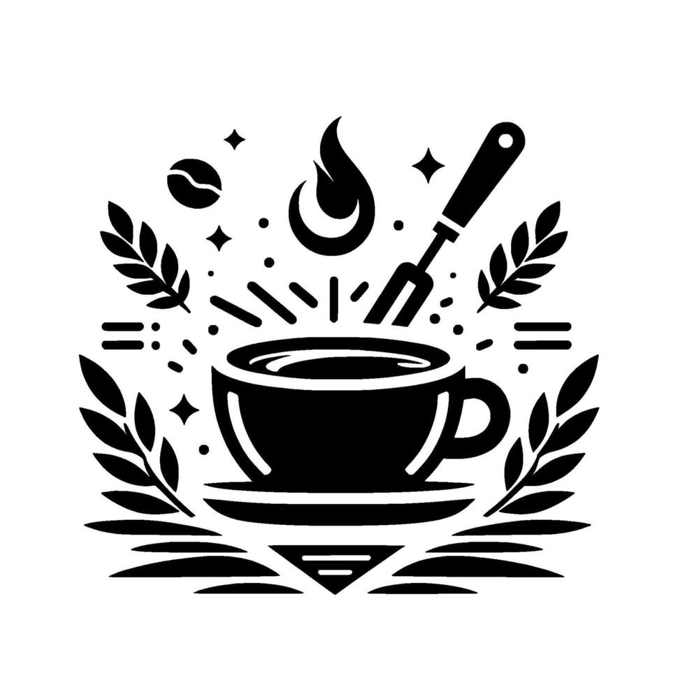 Black White Icon Steaming Coffee Cup with Fork, Laurel Wreath, Coffee Bean, and Starbursts. vector