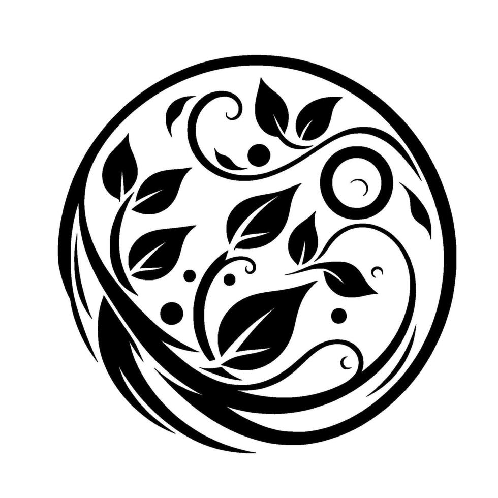 Intricate black and white floral within a circle, featuring leaves, curls, and dots, creating a symmetrical and organic composition. vector